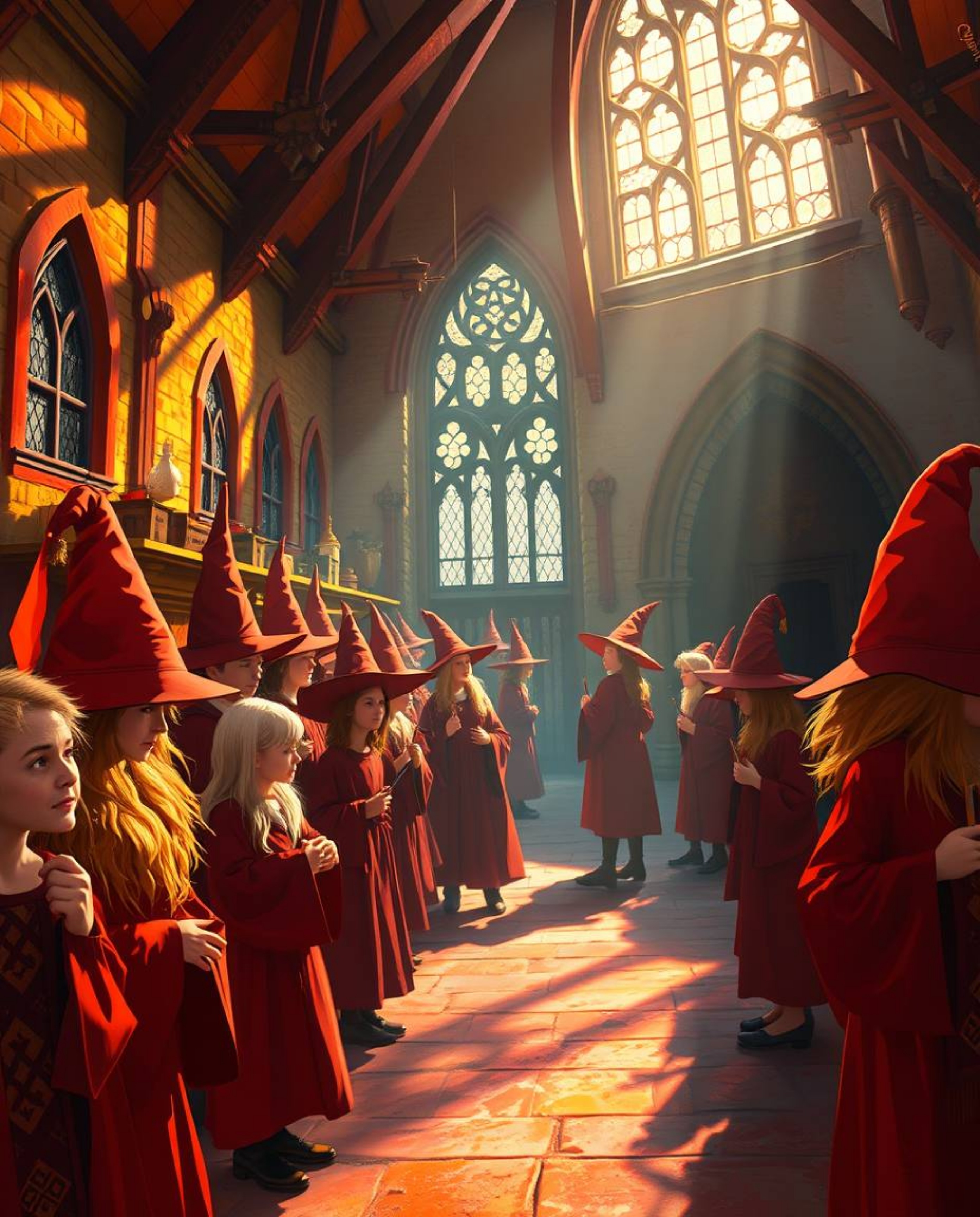 Explore a magical school brimming with young wizards, depicted in a vibrant and captivating artwork. Bathed in a warm, strong