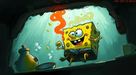 A dynamic digital sketch showcases a whimsical sponge character passionately cooking in a vibrant underwater kitchen.  Render