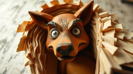 A high-angle shot showcases a sculpted papier-mâché animal sidekick with expressive eyes.  The layered texture of the materia