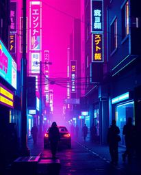 A captivating pixelated glitch art image depicting a cyberpunk street scene bathed in neon haze.  The artwork features strong