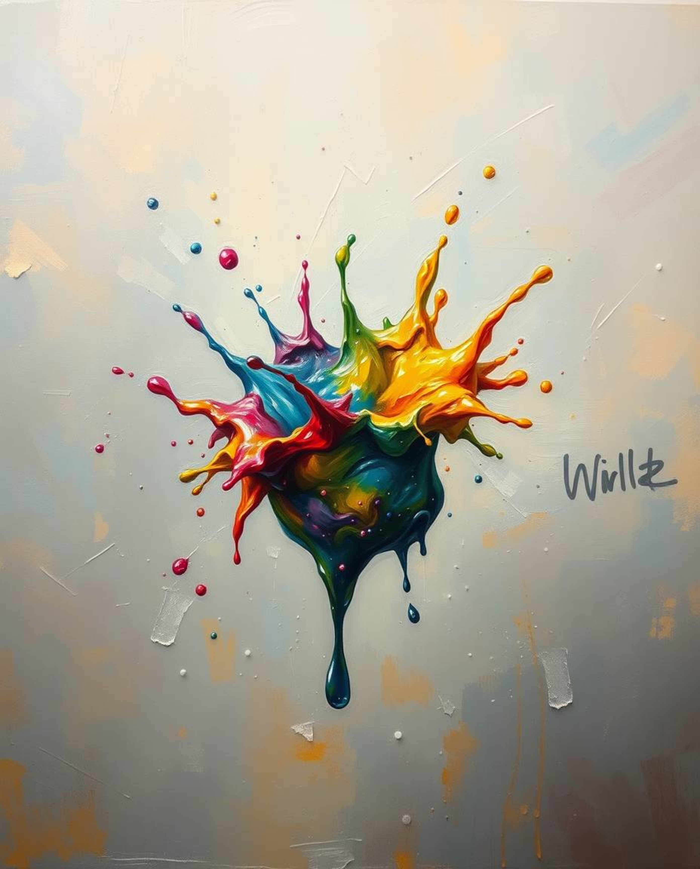 A captivating oil painting showcases a vibrant paint splash frozen in time, suspended mid-air with rich textures and visible 
