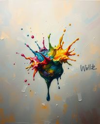 A captivating oil painting showcases a vibrant paint splash frozen in time, suspended mid-air with rich textures and visible 