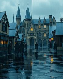 A captivating digital illustration depicts a magical school teeming with young wizards, set against a distinctly split wet ra