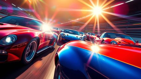 Experience a vibrant and elegant racing scene featuring outlandish cars with bright lens flares and dynamic light streaks. Gr