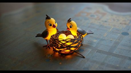 Witness two charming cartoon birds meticulously constructing their nest, rendered in a classic animation style. The scene is