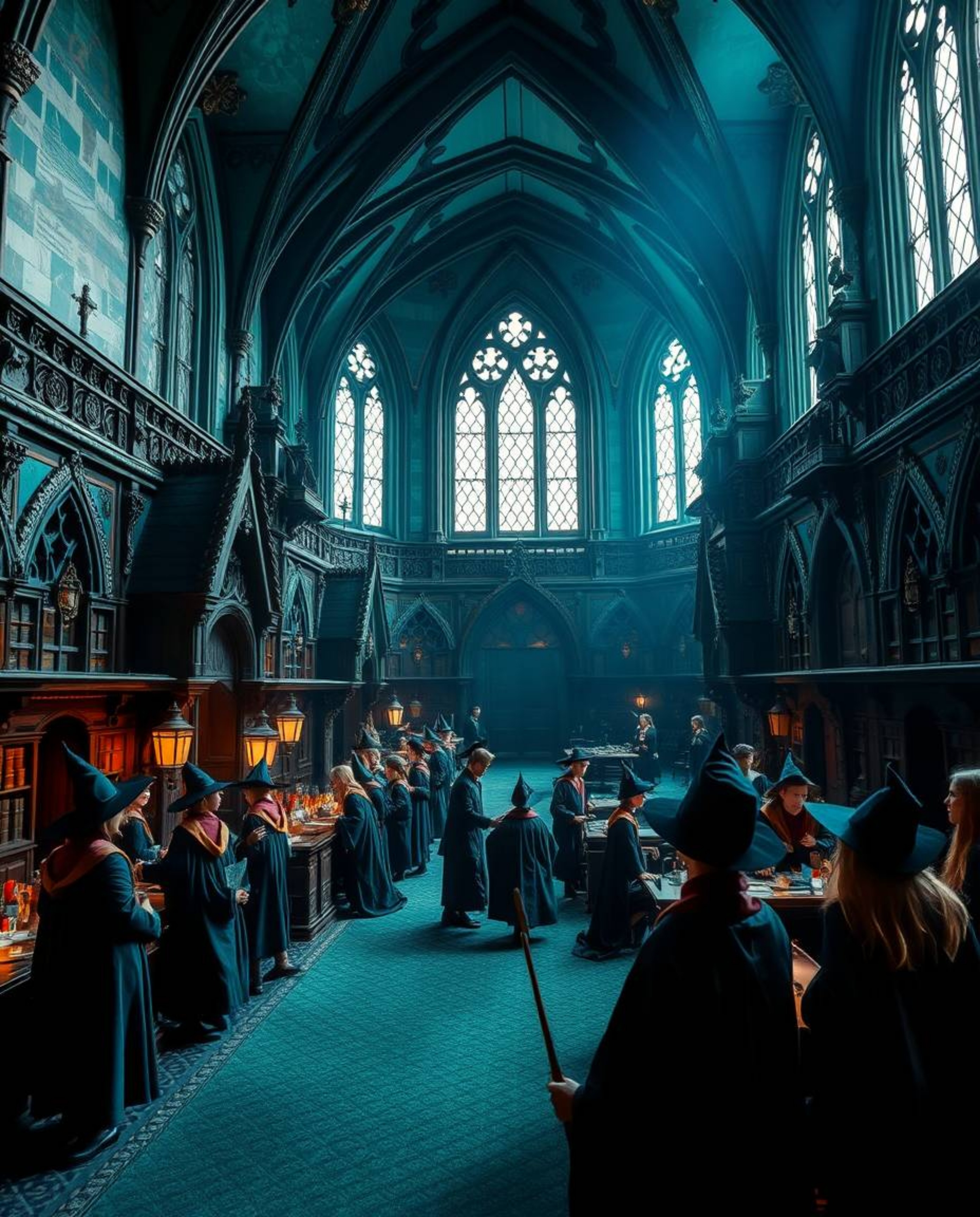 Immerse yourself in a magical school filled with young wizards, all bathed in rich, deep teal tones. Experience a luxurious a