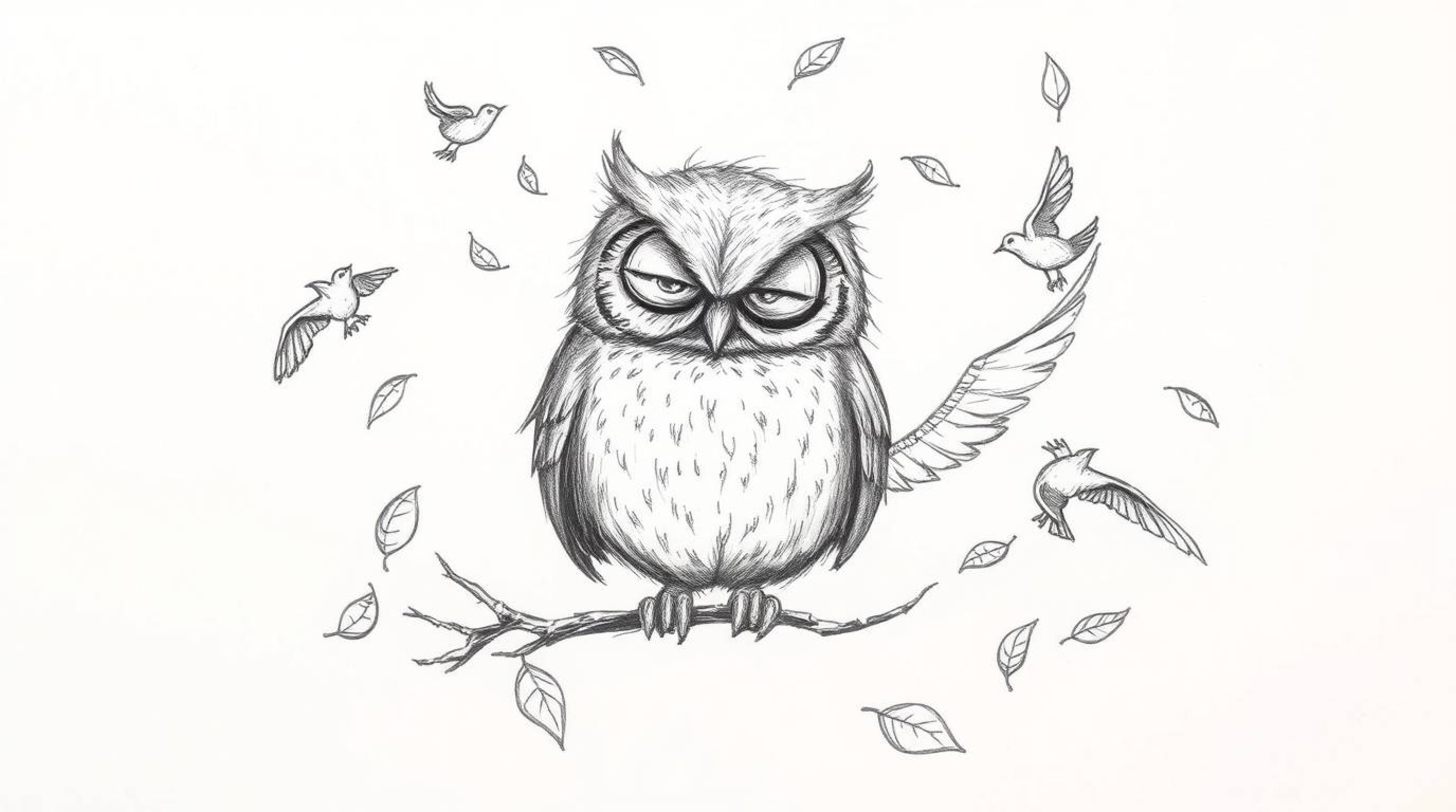 A heartwarming Pixar-esque pencil sketch depicts a kind, blind owl with downy feathers amidst a gentle spiral of falling leav