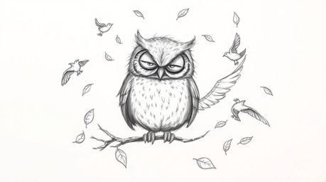 A heartwarming Pixar-esque pencil sketch depicts a kind, blind owl with downy feathers amidst a gentle spiral of falling leav