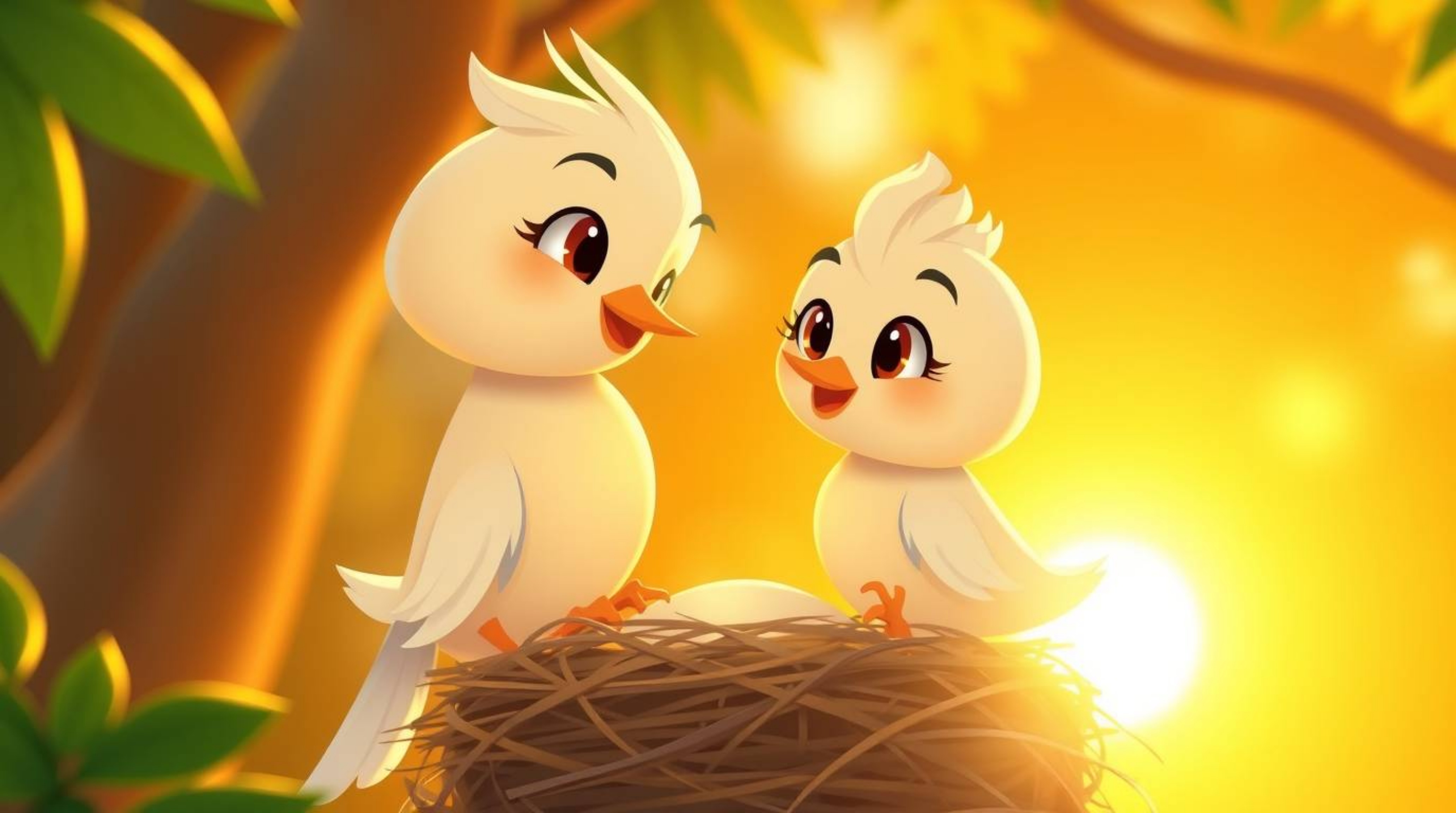 Delightful animation showcasing two cartoon birds gracefully building a nest in a warm, golden hour light.  The classic anima