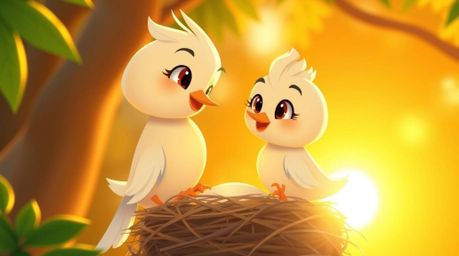 Delightful animation showcasing two cartoon birds gracefully building a nest in a warm, golden hour light. The classic anima