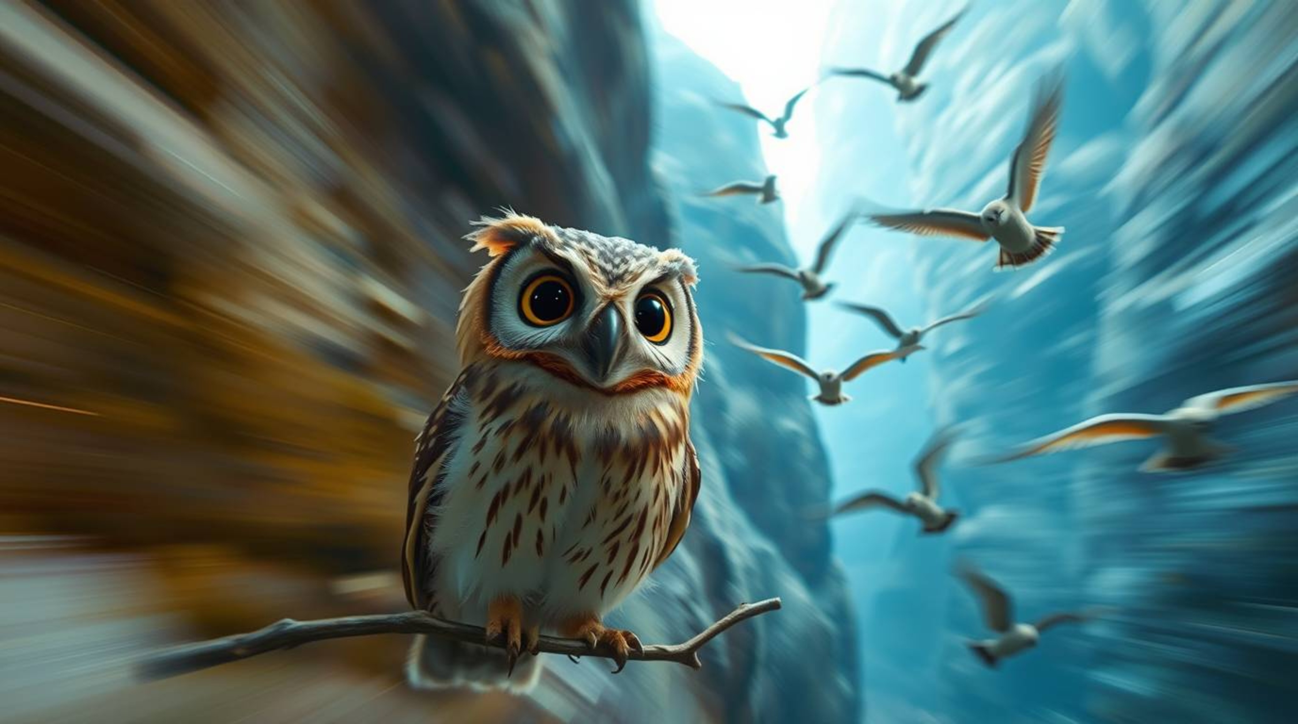 This Pixar-style long-exposure photograph captures a wise-looking blind owl with soft brown feathers and expressive eyes as i
