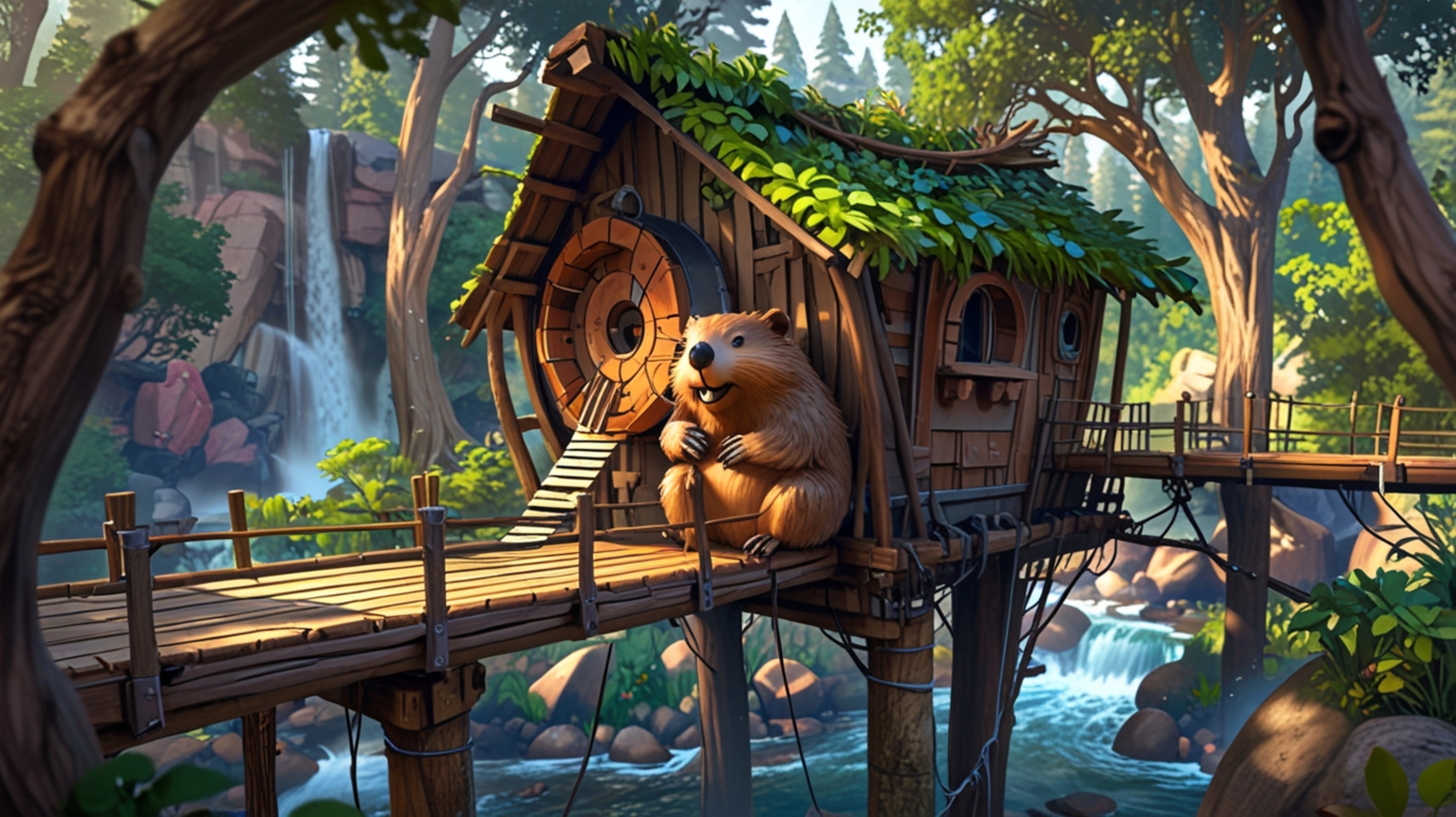 In a whimsical scene that blends the styles of Pixar and anime, a beaver is depicted building the perfect treehouse for orpha