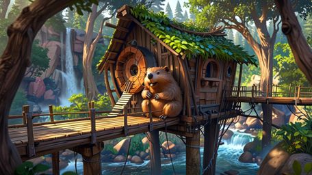 In a whimsical scene that blends the styles of Pixar and anime, a beaver is depicted building the perfect treehouse for orpha