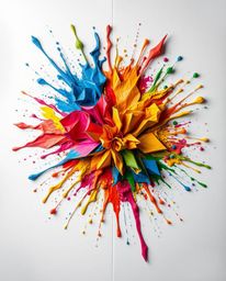 Witness a vibrant explosion of colorful paint across a pristine white canvas in this high-detail abstract artwork. The piece 