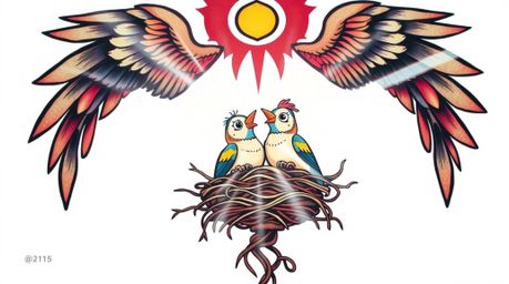 This art print features a symbolic traditional tattoo design with a modern twist. Two cartoon birds are depicted building a n