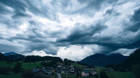 Experience the captivating contrast of a cozy village nestled in a serene valley, dramatically juxtaposed against a turbulent