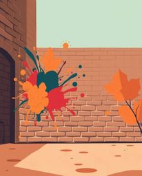 A modern flat design illustration showcasing graffiti-style colorful splashes on a brick wall, captured from a low angle pers