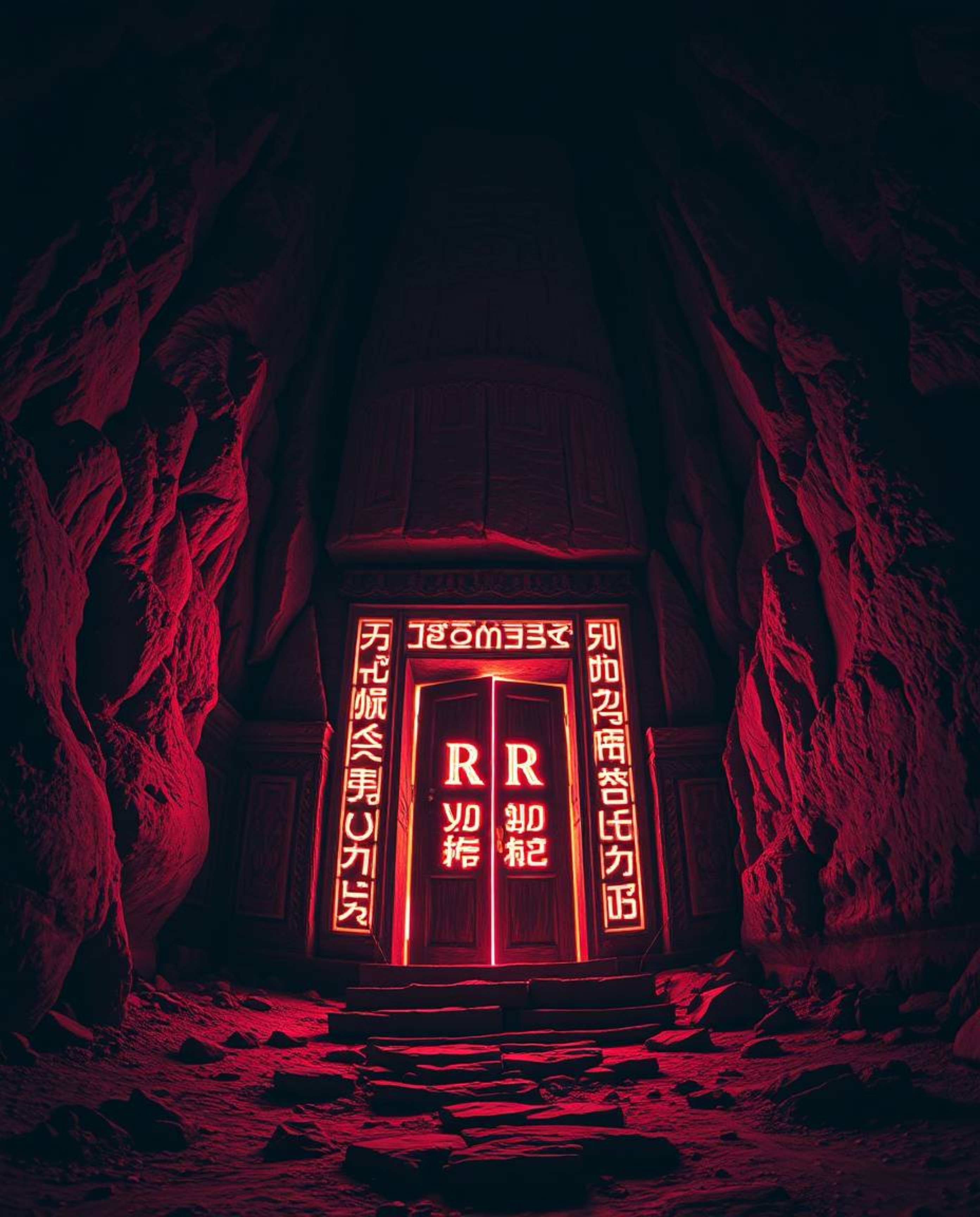 A captivating image featuring an ancient stone doorway embedded in a towering mountainside, illuminated by intricate, luminou