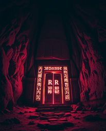 A captivating image featuring an ancient stone doorway embedded in a towering mountainside, illuminated by intricate, luminou