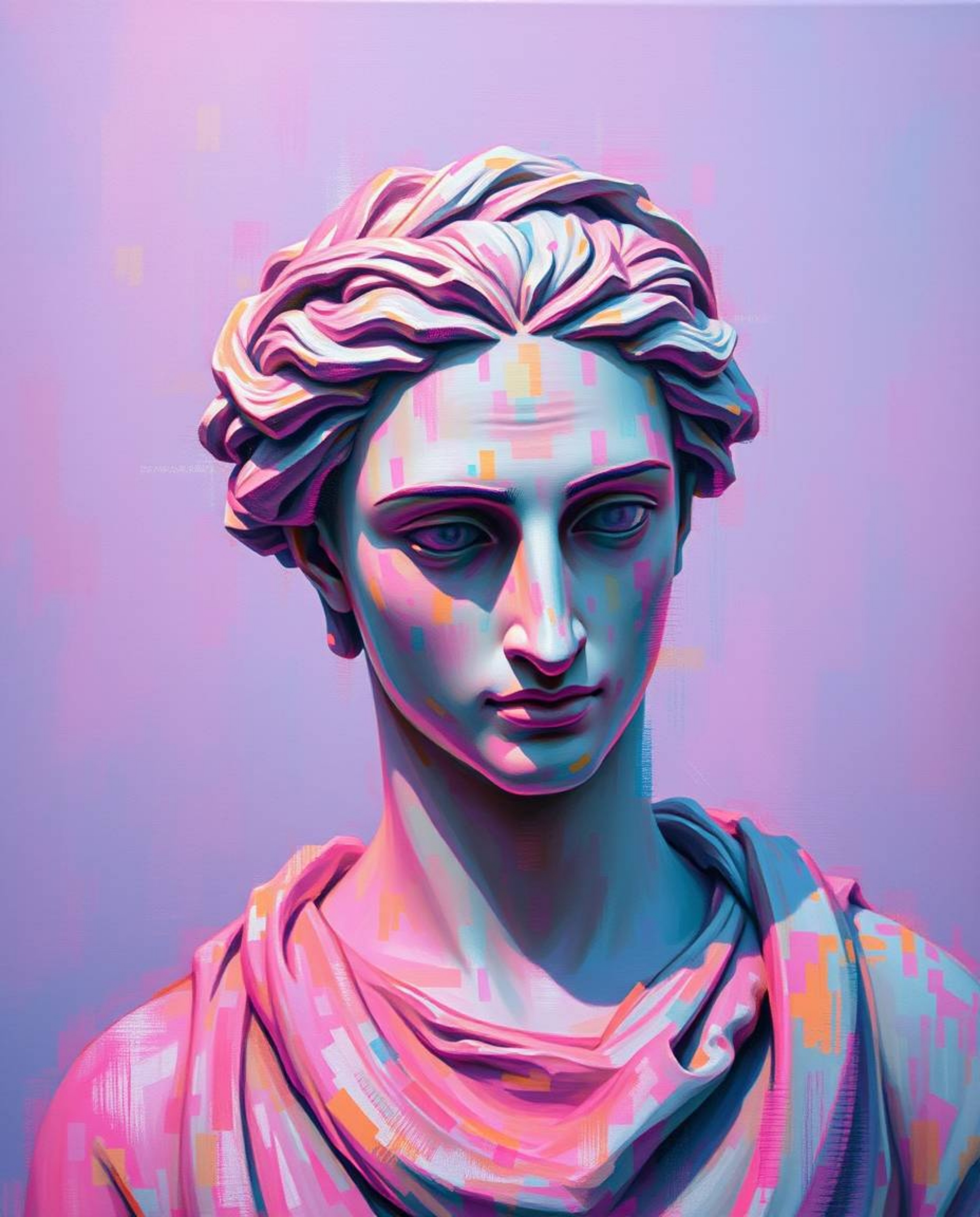 This captivating acrylic painting features a classical sculpture brought to life with a vibrant, colorful glitch effect, crea