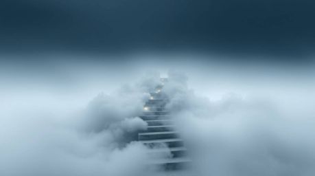 A captivating image depicting a winding stairway crafted from smoke and light gracefully ascends into a vast, cloudy sky, sym