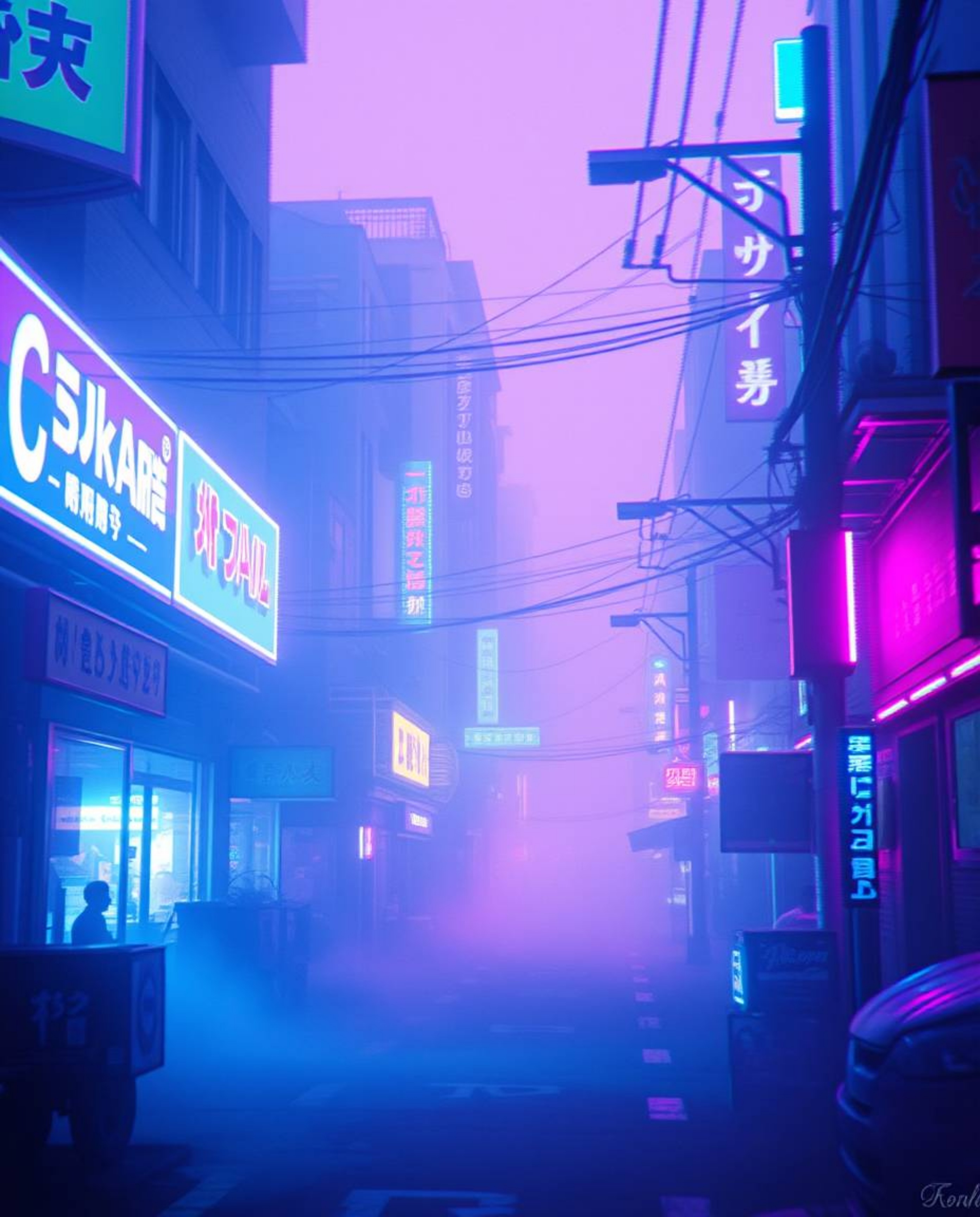 A captivating pixelated glitch image depicting a cyberpunk street scene bathed in soft neon haze. The dreamy atmosphere and s