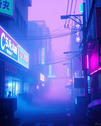 A captivating pixelated glitch image depicting a cyberpunk street scene bathed in soft neon haze. The dreamy atmosphere and s