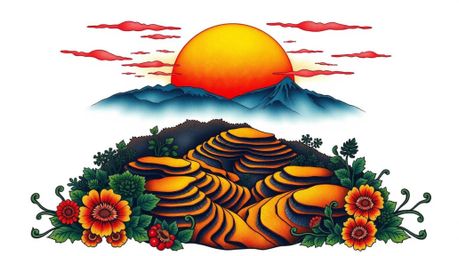 This traditional tattoo art print features a symbolic sunset over mountainous rice terraces, showcasing vibrant colors and a 