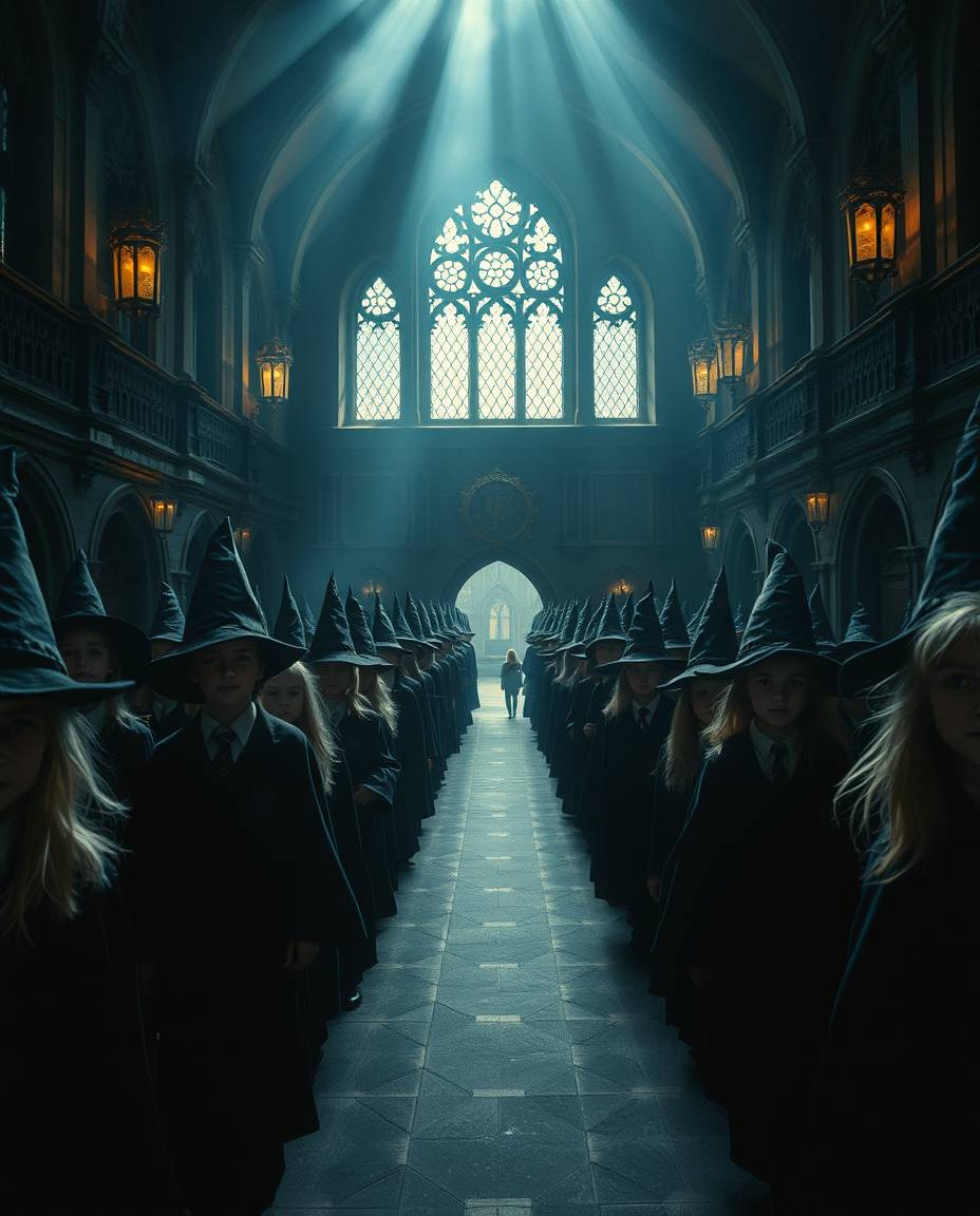 A dramatic and cinematic portrayal of a magical school teeming with young wizards, brought to life through the use of high co