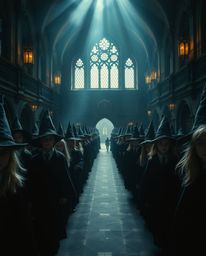 A dramatic and cinematic portrayal of a magical school teeming with young wizards, brought to life through the use of high co