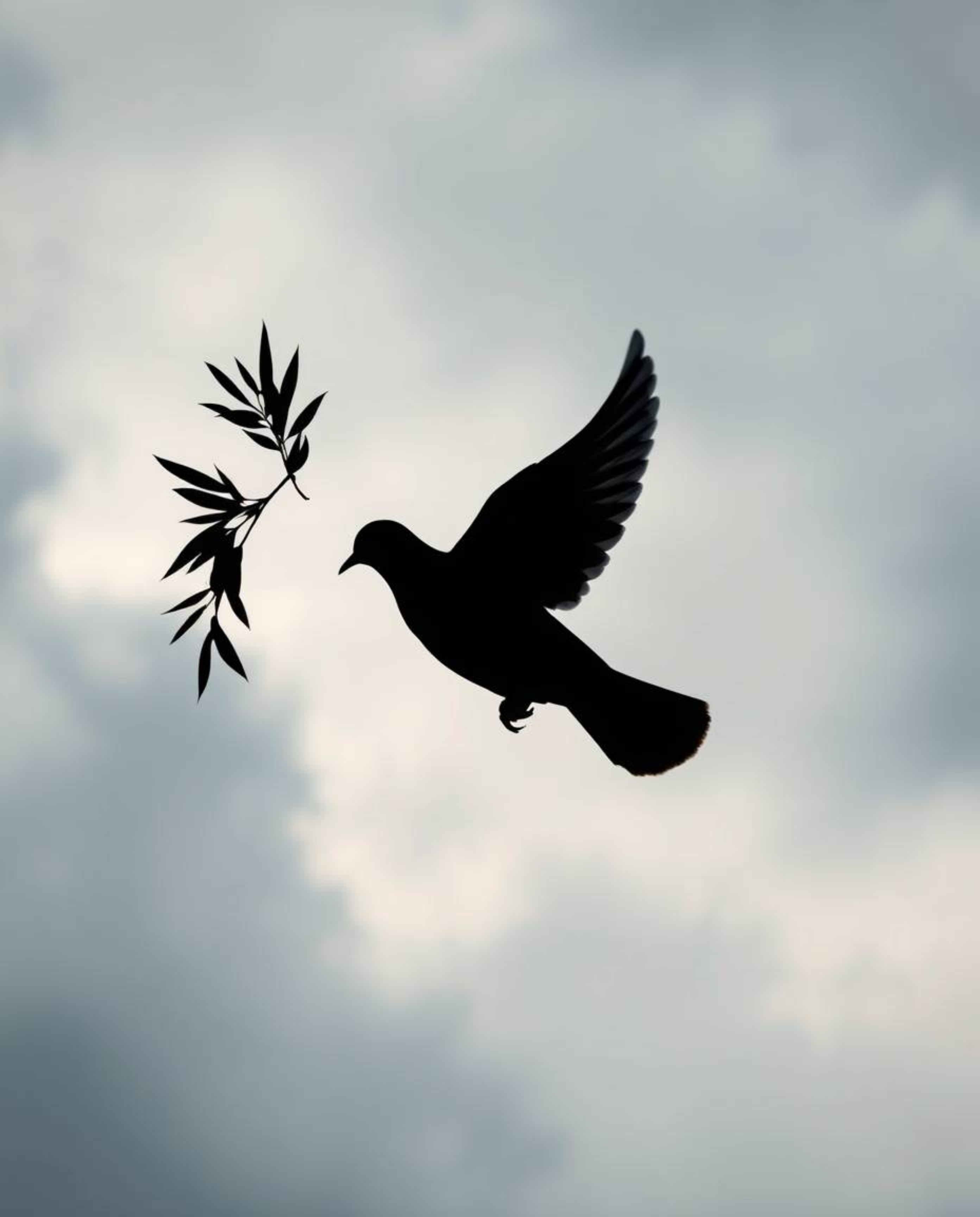 A silhouetted dove carrying an olive branch through stormy skies evokes a powerful image of peace and hope amidst turmoil. Th