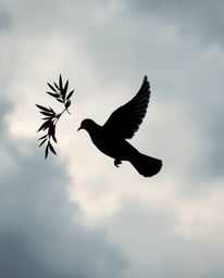 A silhouetted dove carrying an olive branch through stormy skies evokes a powerful image of peace and hope amidst turmoil. Th
