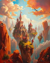 A captivating high-angle oil painting showcases a vibrant kingdom, complete with whimsical floating islands and majestic cast