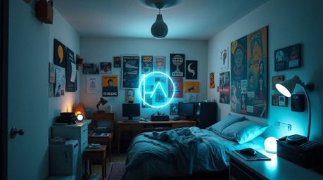 This logo design is inspired by creative light art, depicting a messy bedroom filled with unusual gadgets and posters.  It fe