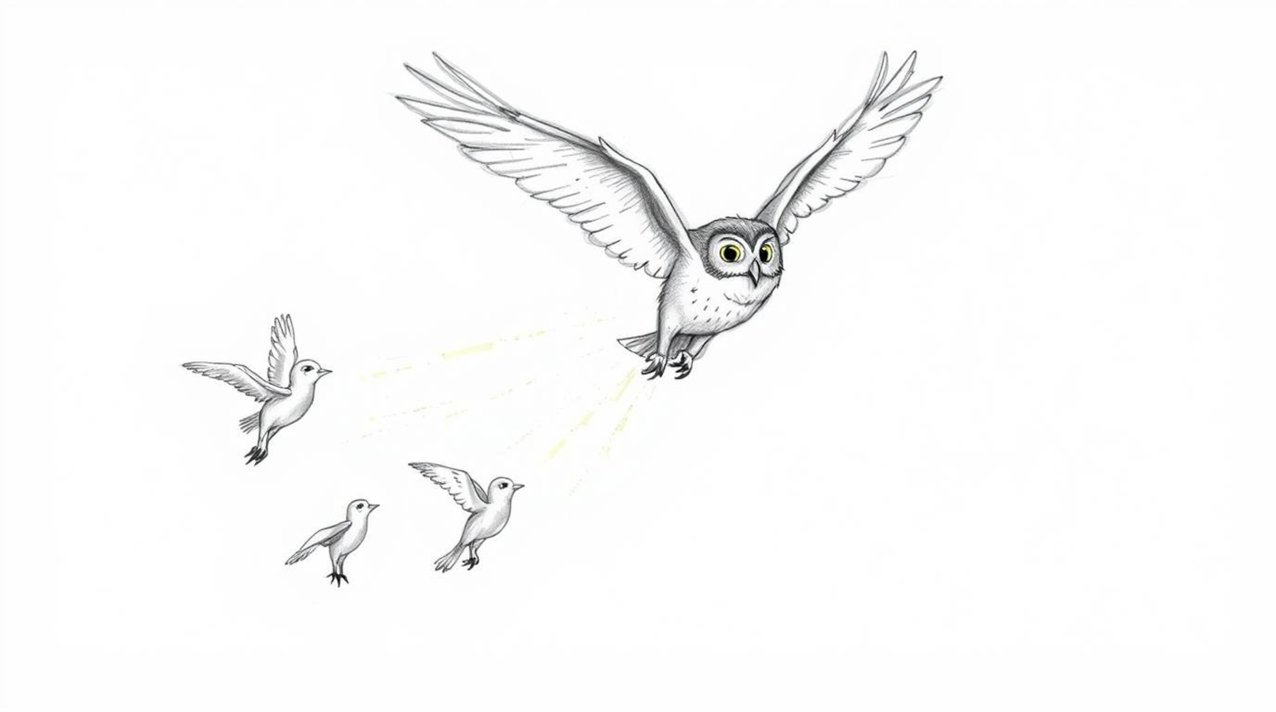 A heartwarming Pixar-style sketch depicts a blind owl in mid-flight, passionately teaching a group of birds how to soar. The 