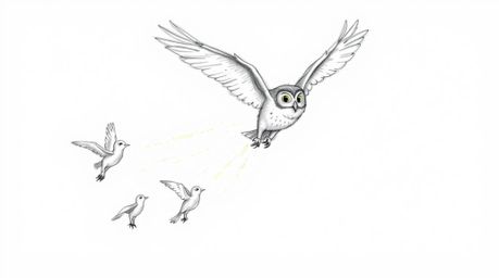 A heartwarming Pixar-style sketch depicts a blind owl in mid-flight, passionately teaching a group of birds how to soar. The 