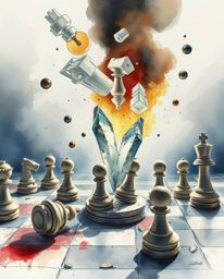 A delicate watercolor painting depicts a chessboard and pieces frozen mid-air in a state of chaotic destruction. The artwork 