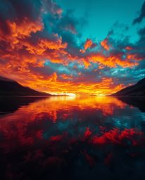 An evocative image capturing fiery cloud reflections in a mountain lake, rich with deep teal tones and the warm glow of candl