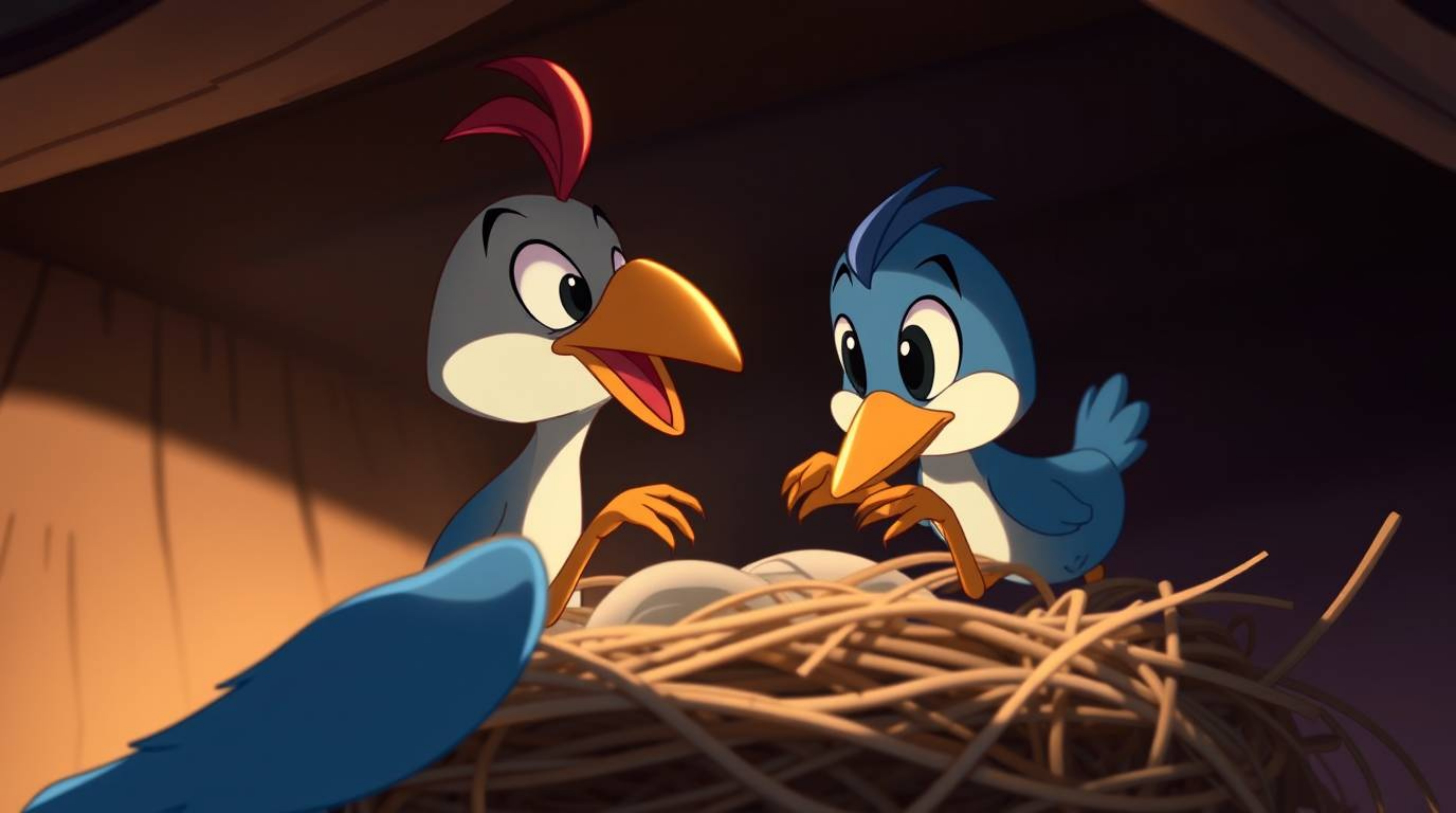 A charming close-up showcases two cartoon birds diligently building a nest in a classic animation style. The scene is bathed
