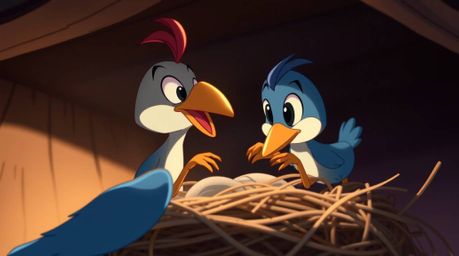 A charming close-up showcases two cartoon birds diligently building a nest in a classic animation style. The scene is bathed 