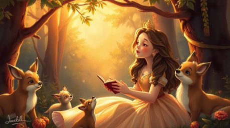 A classic oil painting style depicts a princess singing alongside forest animals in a vintage 2D animation. Bathed in a warm 