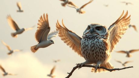 A stunning high-resolution stock photo depicts a blind owl, rendered in a vibrant Pixar style, patiently teaching birds how t