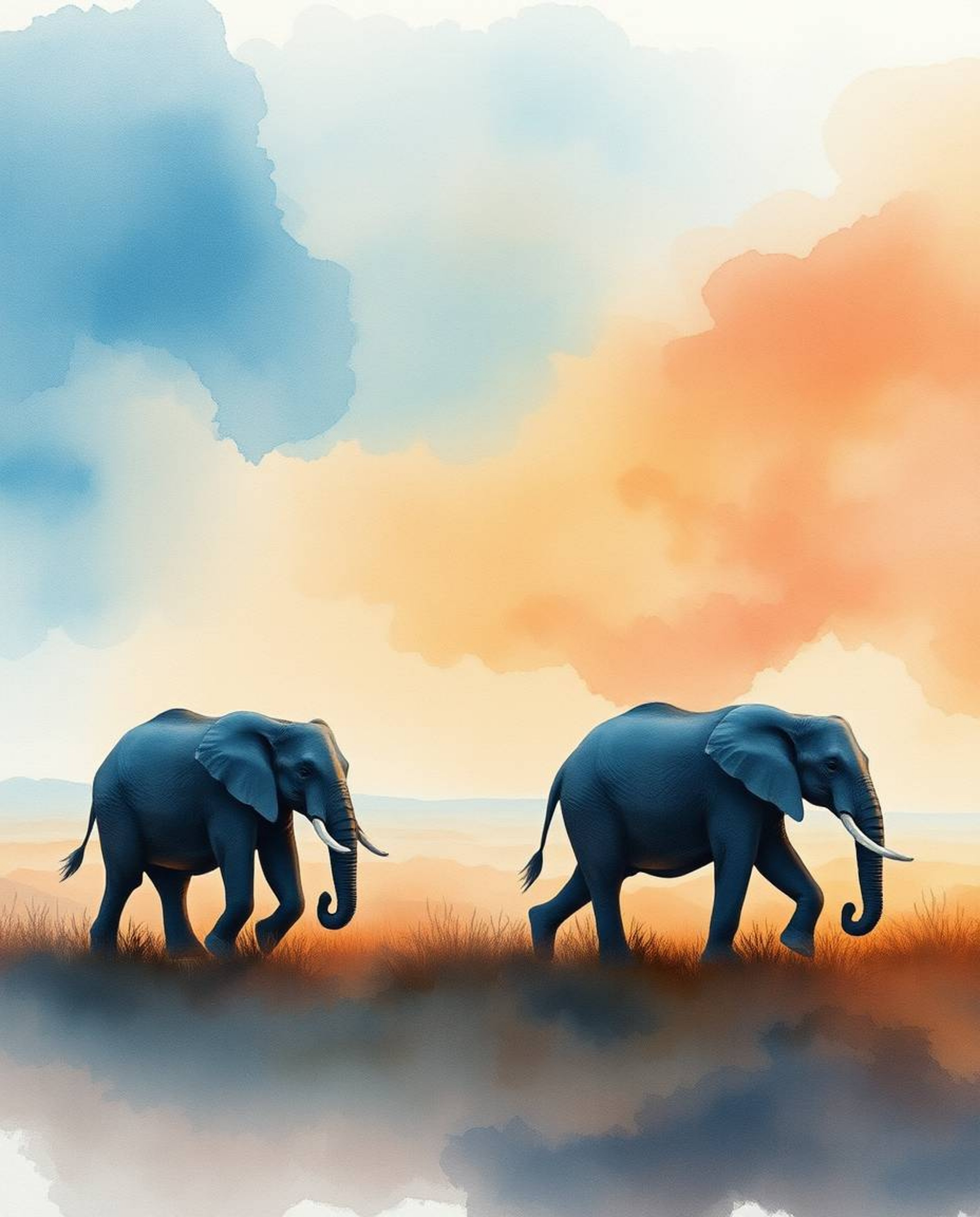 A delicate watercolor painting of an epic sunset scene with elephants walking, created with translucent washes and fluid brus