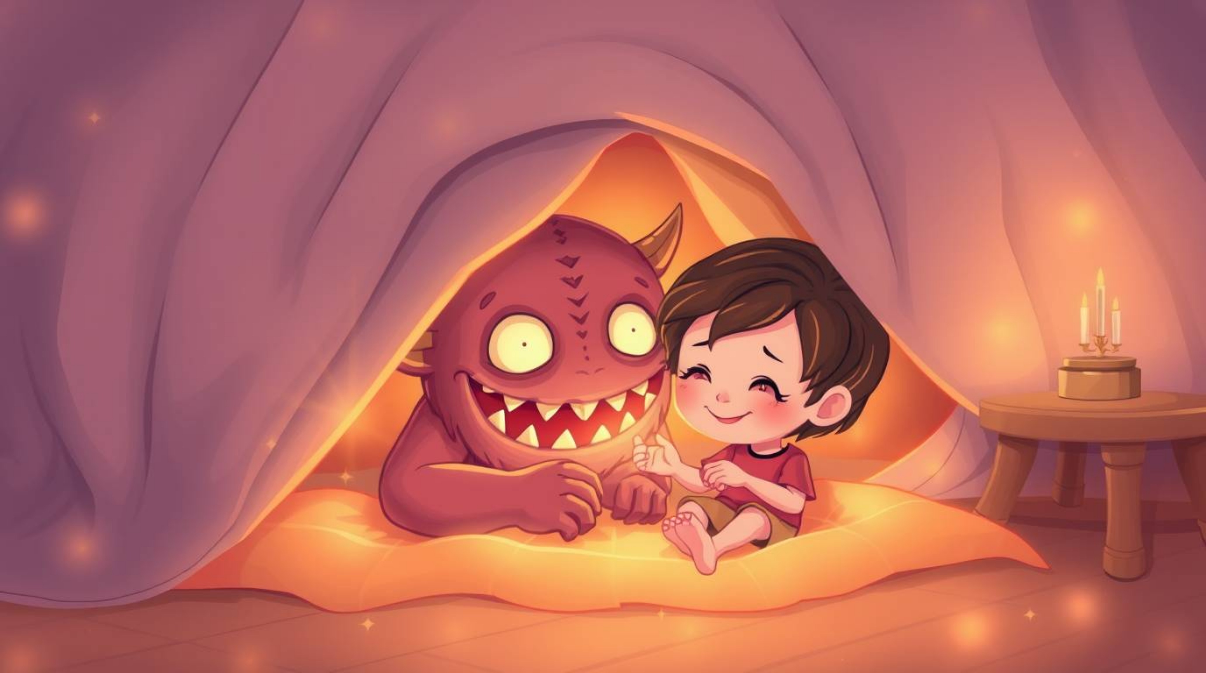 A heartwarming illustration depicts an unlikely friendship between a child and a charming monster residing under their bed.  
