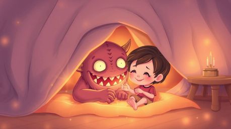 A heartwarming illustration depicts an unlikely friendship between a child and a charming monster residing under their bed.  