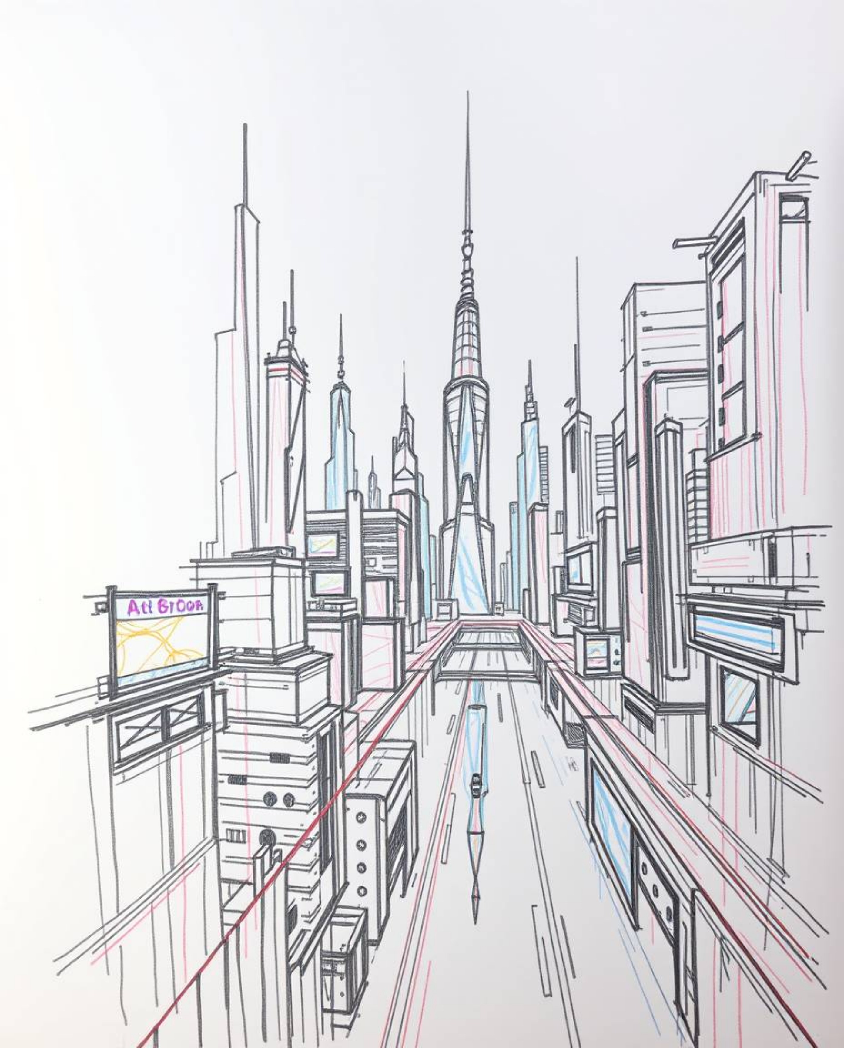 A captivating hand-drawn sketch depicts a futuristic city engulfed in a glitch effect.  Rendered in iridescent colors with ro