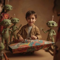 Exquisite high-fashion photography captures a boy with striking features building an intricately designed cardboard spaceship
