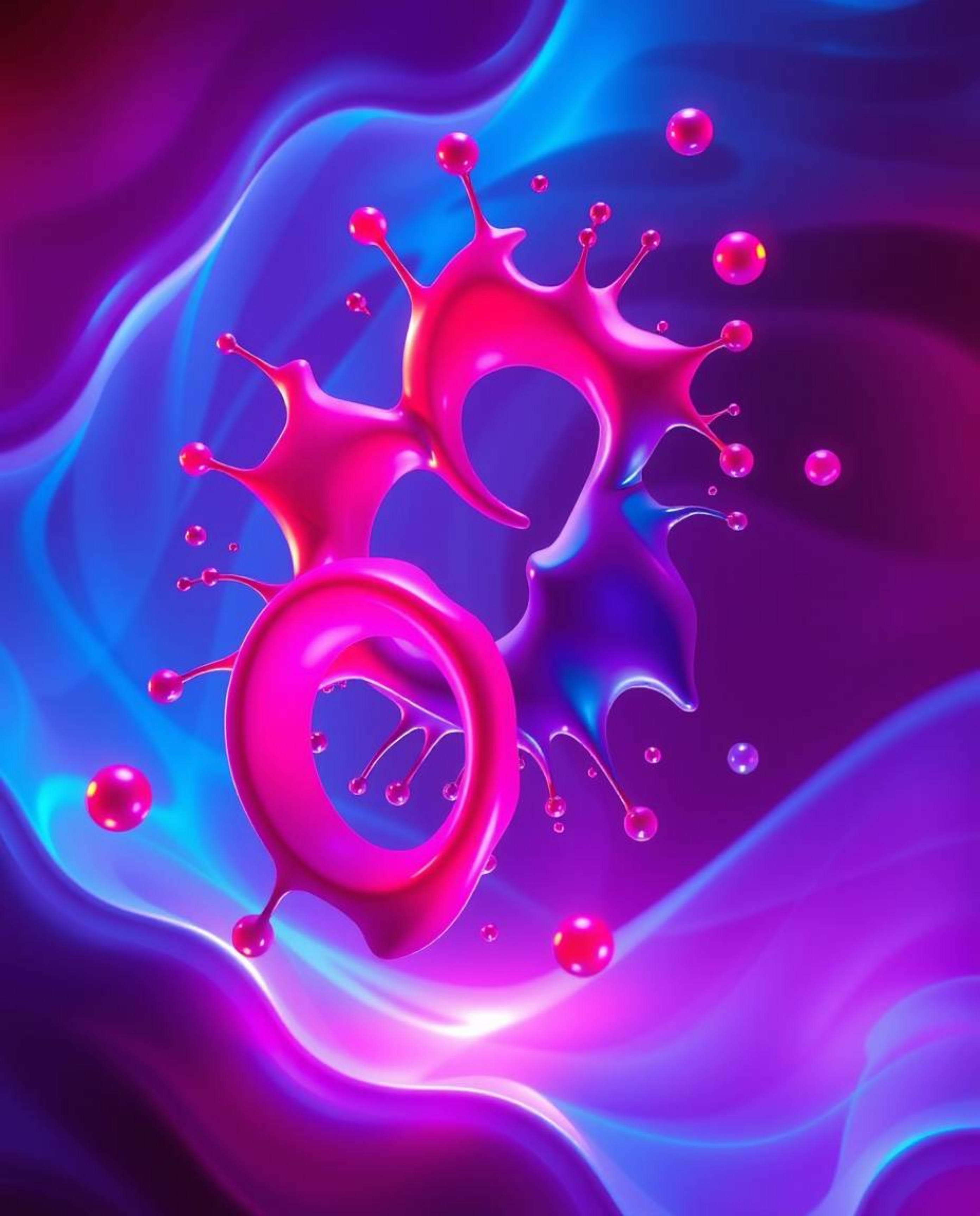 Immerse yourself in a captivating world of abstract 3D art.  Rich burgundy and deep blue hues illuminate colorful splash shap