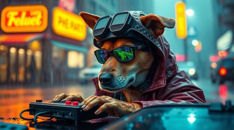 A thrilling adventure unfolds as a high-tech dog detective investigates a mystery in a vibrant, rain-soaked city.  Witness el