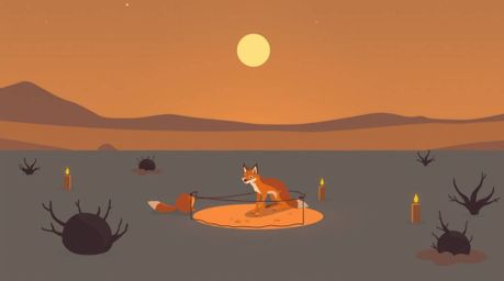 This digital illustration features a modern flat design style showcasing a coyote setting a trap in a desert environment, ill